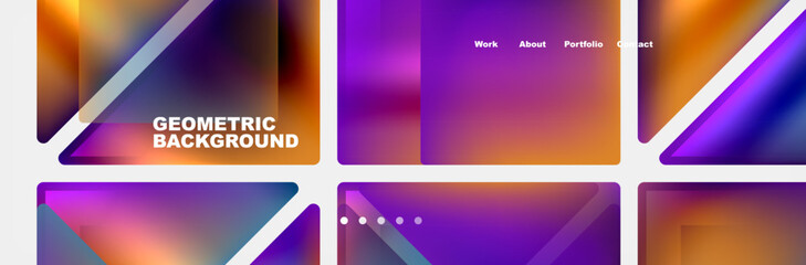 A collection of vibrant geometric backgrounds featuring triangles and lines in various shades of purple, magenta, and electric blue. Patterns, symmetry, and rectangles add excitement to any event