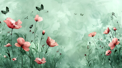 Butterflies on a green watercolor background, generative Ai