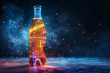 Bottle of soda with holographic liquid, dynamic angle, glowing essence captured mid-pour