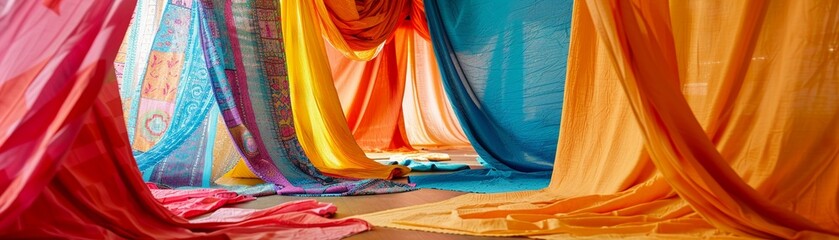 Creative workshop inside an artistic sheet fort, vibrant fabric colors, crafting at a grownup sleepover