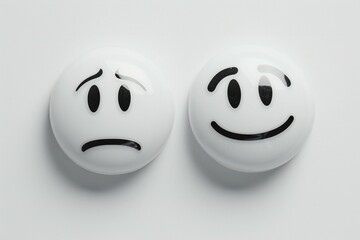 High angle view of happy and sad emoticons isolated on white background - Powered by Adobe