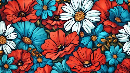 An illustration of chamomile, cornflowers, and poppies combined into a seamless pattern. - obrazy, fototapety, plakaty