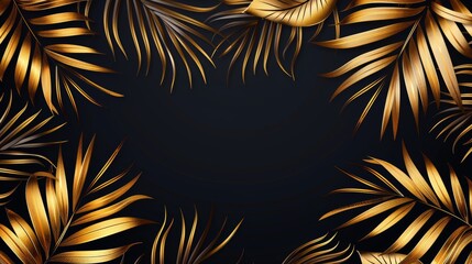 Golden palm leaves on black background. Beautiful botanical design with tropic jungle rainforest date palm leaves and copyspace for sale flyer, cosmetic banner.