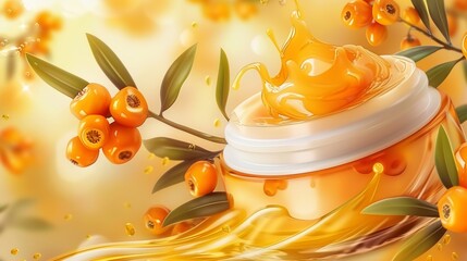 An elegant packaging with cosmetic cream or lotion, a branch with juicy orange seaberry, olive green leaves and flowing golden oil, an attractive magazine mockup of sea buckthorn cosmetics. - obrazy, fototapety, plakaty