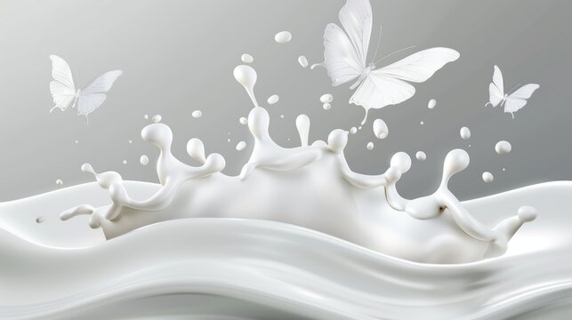 A milk splash crown shape and white liquid silhouettes of flying butterflies are isolated on a gray wavy blurred background. Ideal for packaging or advertising natural dairy products.
