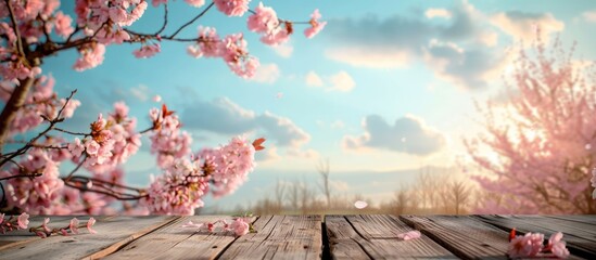 Wooden table with pink cherry blossom and a sky backdrop, ideal for showcasing or editing your products.