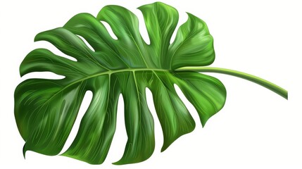 Monstera leaf on white background modern illustration. Beautiful botanical isolated design element, tropic jungle palm plant, exotic philodendron leaf with stem. - obrazy, fototapety, plakaty