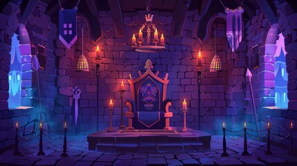 Modern cartoon illustration of a castle room. Knights in metal armor, tapestries and candles hanging from candelabras on stone walls, game background. - obrazy, fototapety, plakaty