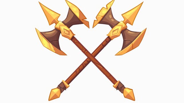 A cartoon illustration of ancient crossed spears or halberds with wooden polearms or shafts and yellow metal blades isolated on a white background, suitable for use in game design.