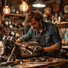 A man is working on a motorcycle in a workshop