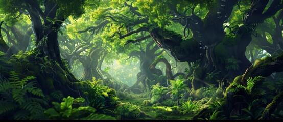 green jungle with giant tree roots forming arches, mystical fantasy forest, fantasy background
