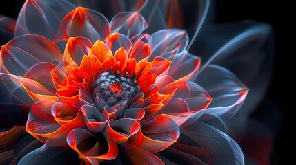 Fototapeta premium Dahlia petals displaying digital designs, elevated by nanotech on a deep black background