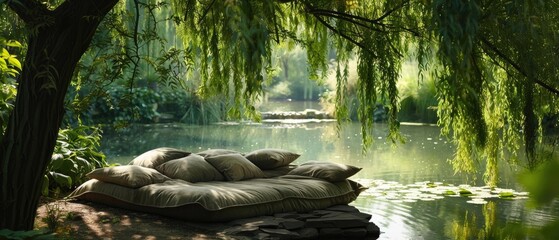 A cozy daybed strewn with cushions, set in a shady spot under weeping willow trees, beside a tranquil pond - obrazy, fototapety, plakaty