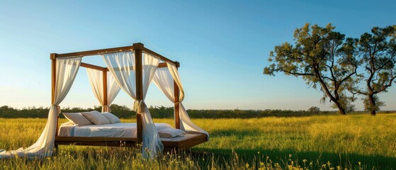 A luxurious canopy bed with sheer curtains, positioned in a serene grassy field under a clear blue sky - obrazy, fototapety, plakaty