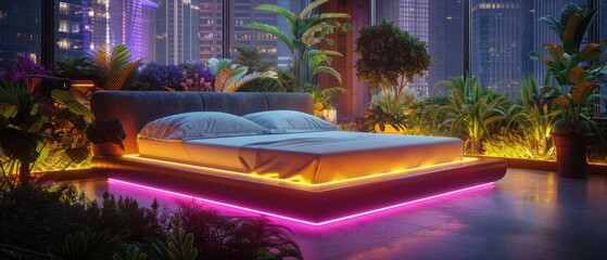 Obraz na płótnie Canvas A neon-lit bed with sleek, modern design, placed in an urban green space glowing under city lights