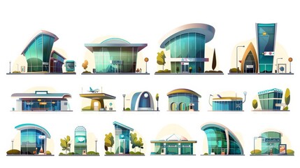 Isolated white background with cartoon icons of modern bus and train stations, airport terminals, and ports.