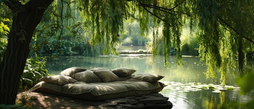 A cozy daybed strewn with cushions, set in a shady spot under weeping willow trees, beside a tranquil pond