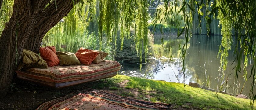 A cozy daybed strewn with cushions, set in a shady spot under weeping willow trees, beside a tranquil pond