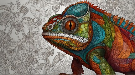Coloring page of chameleon lizard Colorless And Color .Generative AI - obrazy, fototapety, plakaty
