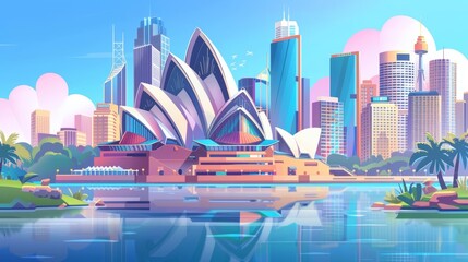 This modern cartoon illustration shows iconic Sydney landmarks, city skyline with Opera house banner, world famous buildings, tourist attractions, and megapolis skyscrapers in Australia, which will