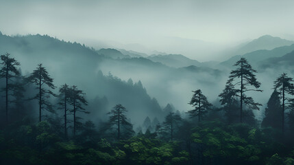 Misty foggy forest illustration nature trees woodland landscape dreamy background
