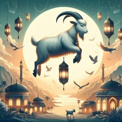 Goat Qurban Eid al adha mubarak festival islamic background illustration of a mosque