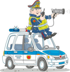 Traffic policeman with a portable speed trap and a radio transmitter sitting on a patrol police car and spying on moving automobiles on a highway, vector cartoon illustration © Alexey Bannykh