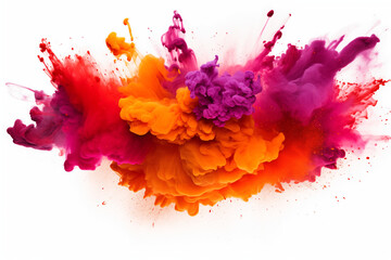An energetic burst of orange and magenta ink clouds colliding in a dynamic, abstract expression on a white backdrop. Generative Al - obrazy, fototapety, plakaty