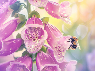 Bumblebee hovers by a foxglove's speckled blooms under a soft sunlit haze.