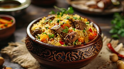 Pilaf rice with meat and vegetables delicious food soya chunks biryani vegetable soy Pilaf served in clay pot - obrazy, fototapety, plakaty
