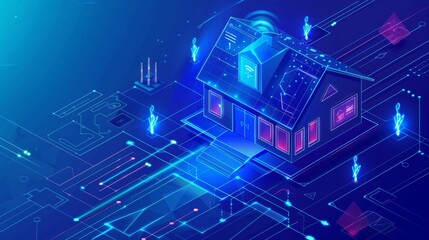 Internet of things technology concept. Modern landing page of house control system with lightning icon on blue background.