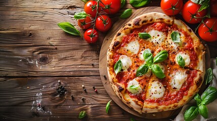 Pizza margherita and ingredients on wooden background