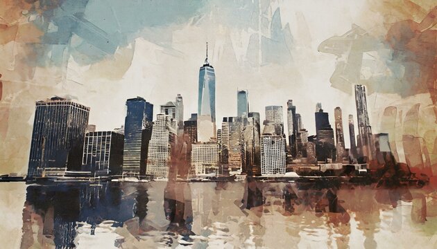 Statue of Liberty and New York, cityscape double exposure contemporary style minimalist artwork collage illustration