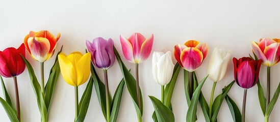 Tulips in shades of red, pink, yellow, white, and purple pop against a backdrop of white. - Powered by Adobe