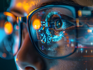 Digital Vision: Close-up of Eye glasses and charts in a digital world, embodying the global connection and futuristic essence of technology