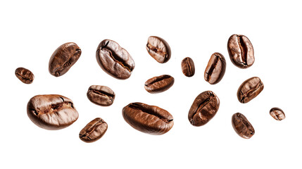 Flying or falling roasted brown caffeine coffee beans in the air isolated on a transparent (PNG) or white background. Arabian or aroma beans for hot drinks for cafe advertising, package design.