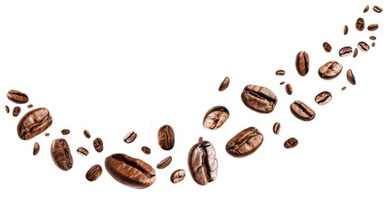 Flying or falling roasted brown caffeine coffee beans in the air isolated on a transparent (PNG) or white background. Arabian or aroma beans for hot drinks for cafe advertising, package design.