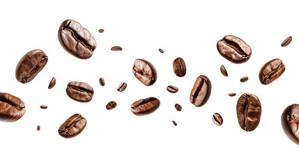 Flying or falling roasted brown caffeine coffee beans in the air isolated on a transparent (PNG) or white background. Arabian or aroma beans for hot drinks for cafe advertising, package design.