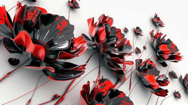 3D abstract florals in crimson and onyx create a bold statement on a white canvas.