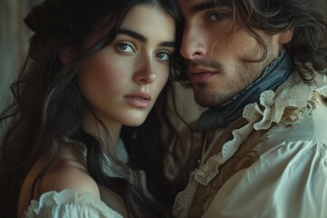 Capturing passion in the renaissance, victorian, and baroque era: a timeless love story portrayed by a couple in vintage attire, embracing the elegance, romance, and nostalgia of historical periods.