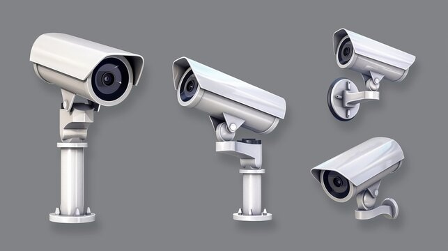 A security camera, CCTV video camera, and street surveillance equipment front and side angle view on a grey background. Secure guard eye and crime prevention isolated on a grey background.