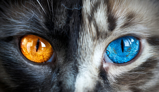 Cat with different eye colors one orange eye the other blue.