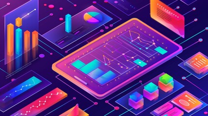Search engine ranking analysis banner. Digital analytics of search engine optimization of content. Modern landing page with isometric charts and graphs on desktop and mobile screens. - obrazy, fototapety, plakaty