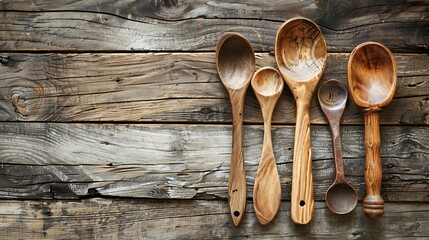 Rural kitchen utensils on vintage planked wood table from above rustic background