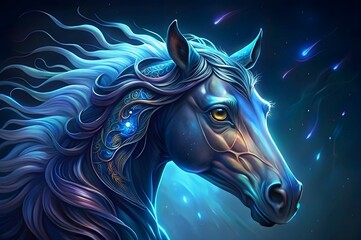 A close up view of a horse with glowing effect on dark background