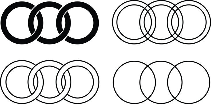 Icon of interlocking circles set. Filter, borromean rings, trinity. Unity concept. connection symbols. 3 interlocking rings. Vector image icon. stock image. isolated on transparent background.