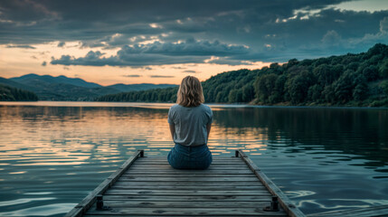A young woman sitting on the edge of a dock at daybreak or dawn. Serene environment suitable for reflection and meditation. - Powered by Adobe