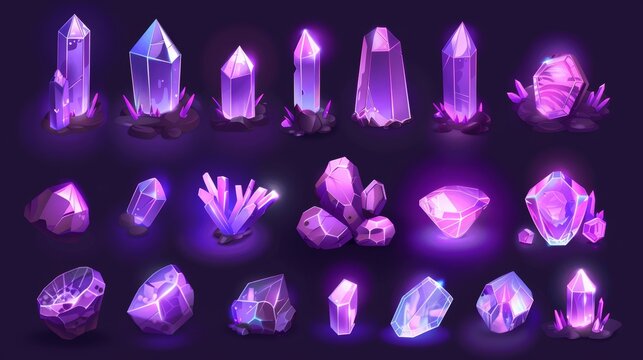 Realistic 3D modern icons of purple or pink gem stones, faceted and rough glowing rocks. Jewelry precious or semiprecious gemstones.