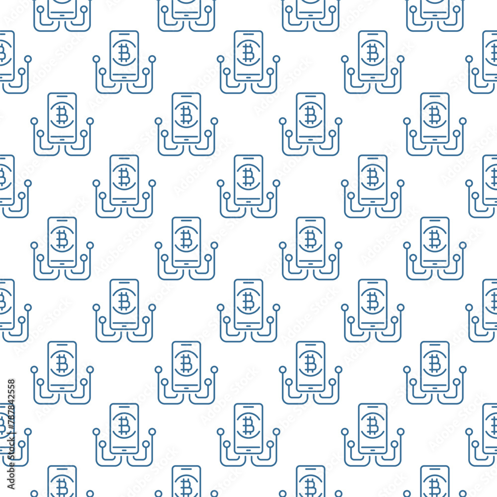 Poster smartphone with bitcoin sign vector blockchain seamless pattern in thin line style