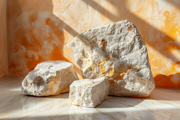 Three large rocks are sitting on a white floor in front of a wall